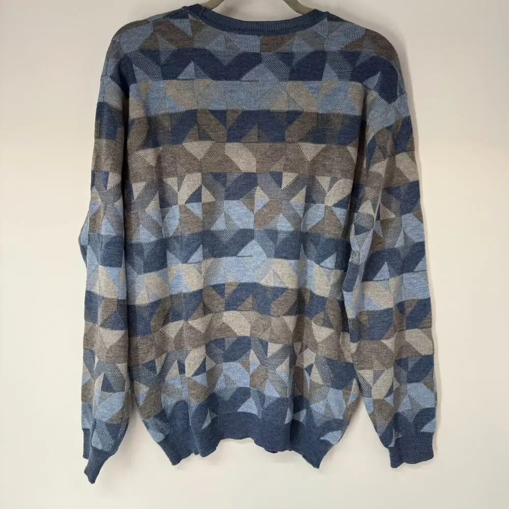 Saks Fifth Avenue Merino Wool Sweater Mens M Blue Gray Print Crew Neck Pullover